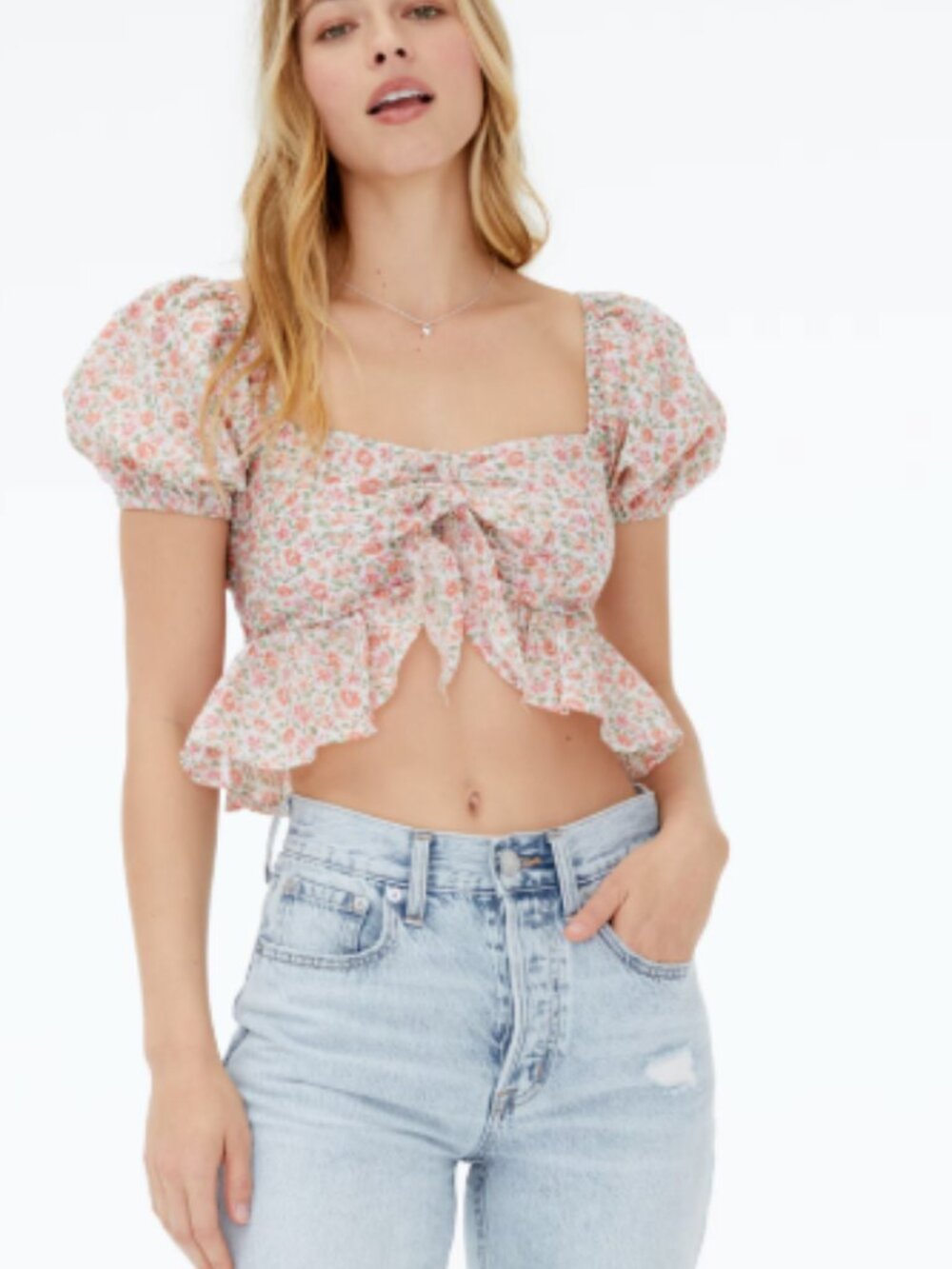 Floral Puff Sleeve Tie Front Blouse Peplum Cottagecore Top S,SOLD OUT